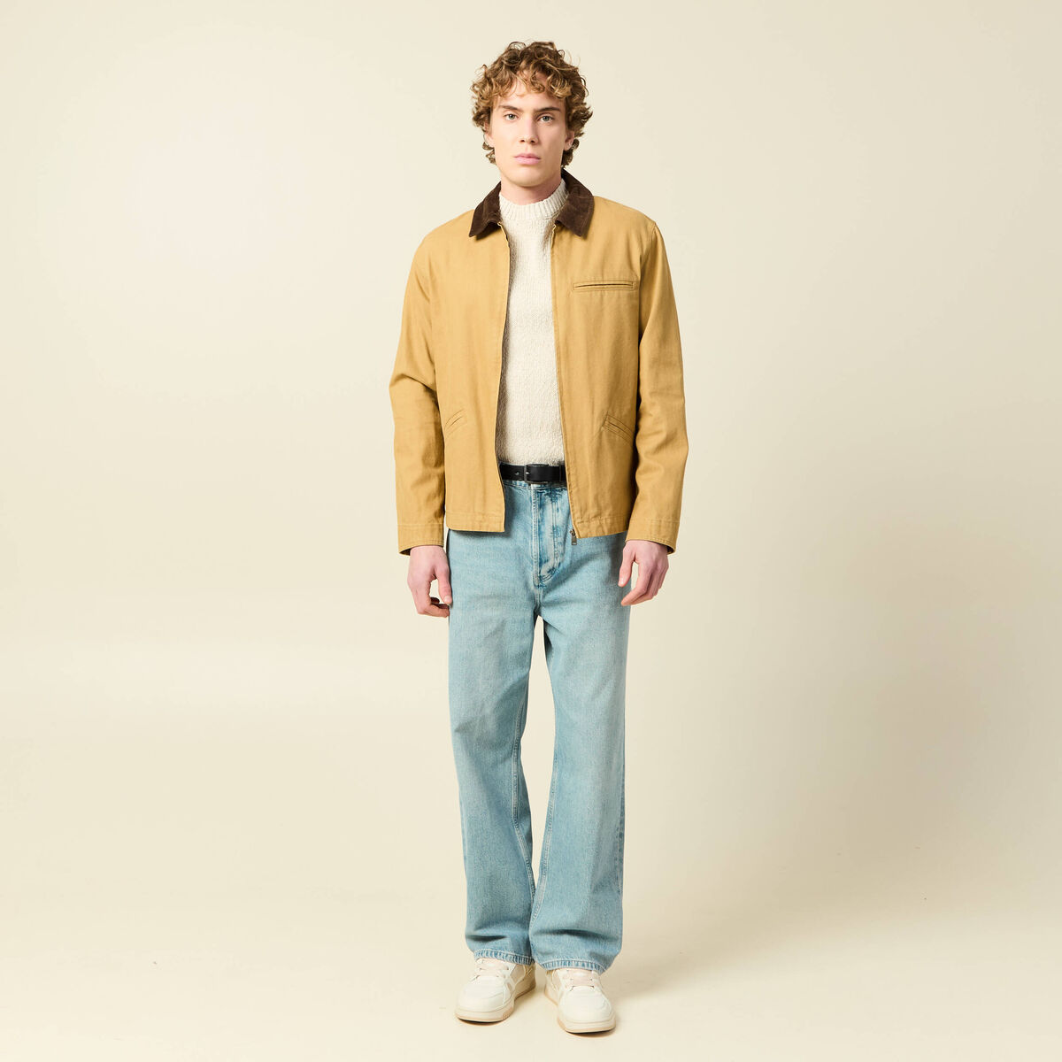 Pull col rond manches longues en coton sable homme