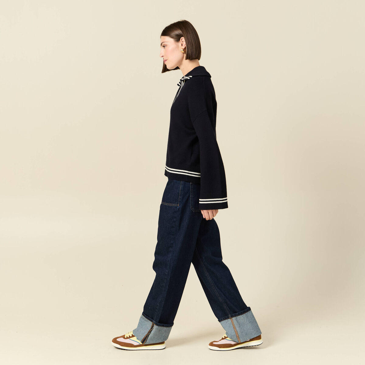 Pull col polo manches longues bleu marine femme