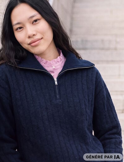 Pull droit manches longues bleu marine femme