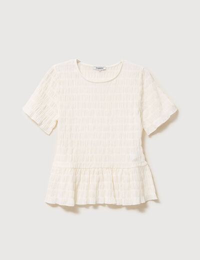 T-shirt cintr&eacute; fronc&eacute; manches courtes ivoire femme