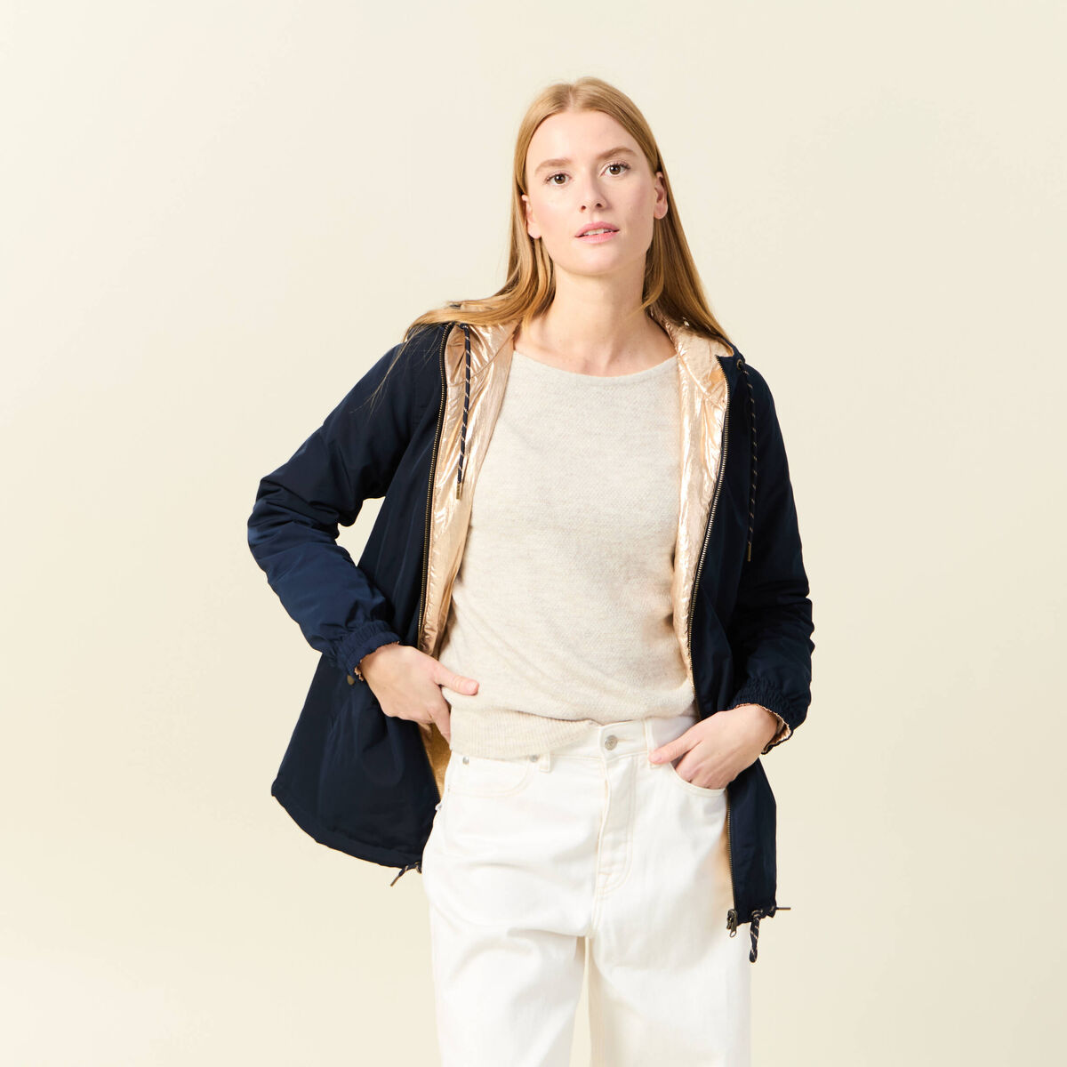 Parka r&eacute;versible &agrave; capuche bleu marine femme