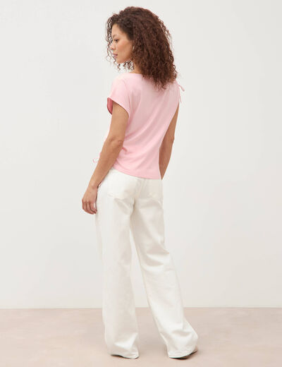 T-shirt ajust&eacute; col rond manches courtes rose clair femme