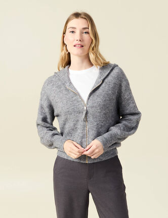 Gilet manches longues capuche gris clair femme