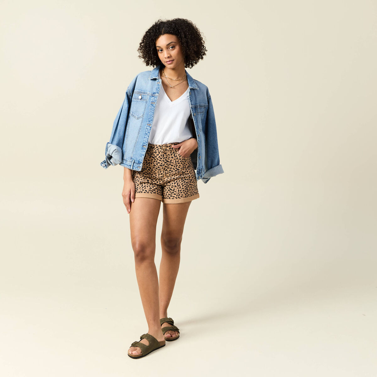 Short mom taille haute camel femme
