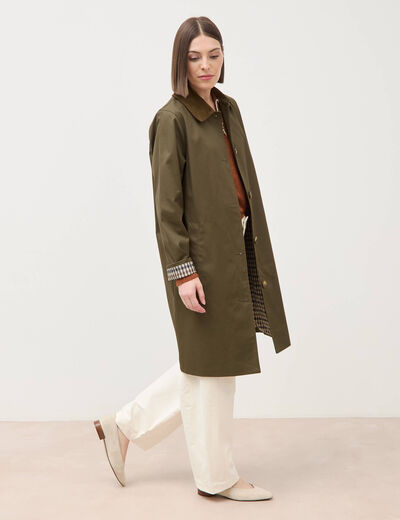 Trench droit long en coton doubl&eacute; vert kaki femme