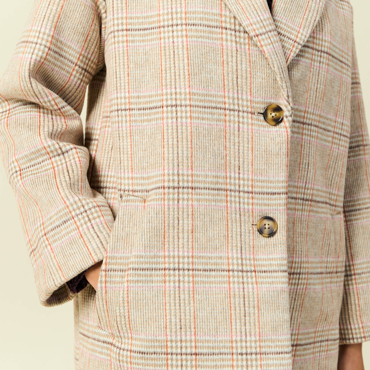 Manteau droit long col tailleur rouge clair femme