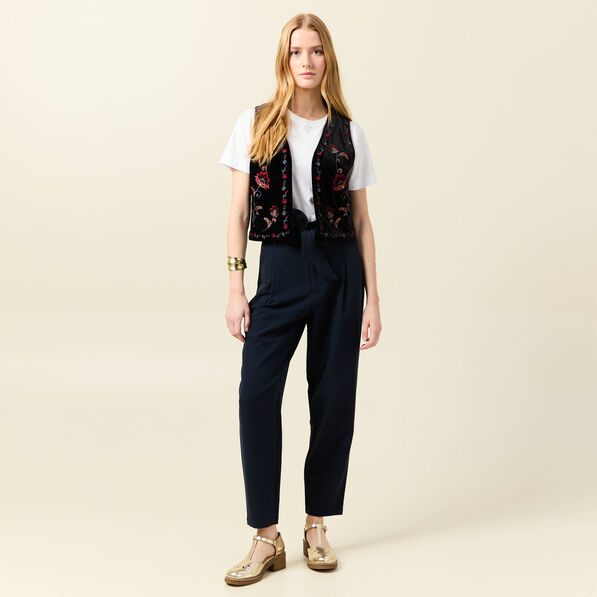 Pantalon carotte ceinturé bleu marine femme