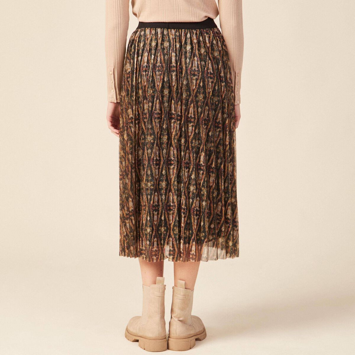 Jupe longue évasée plissée camel femme