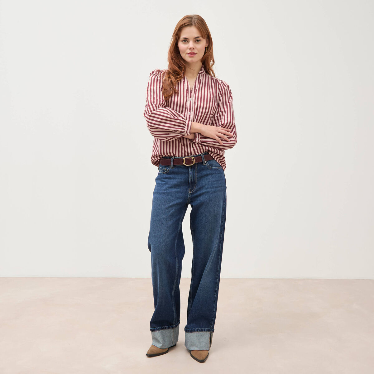 Chemise droite manches longues rouge fonc&eacute; femme