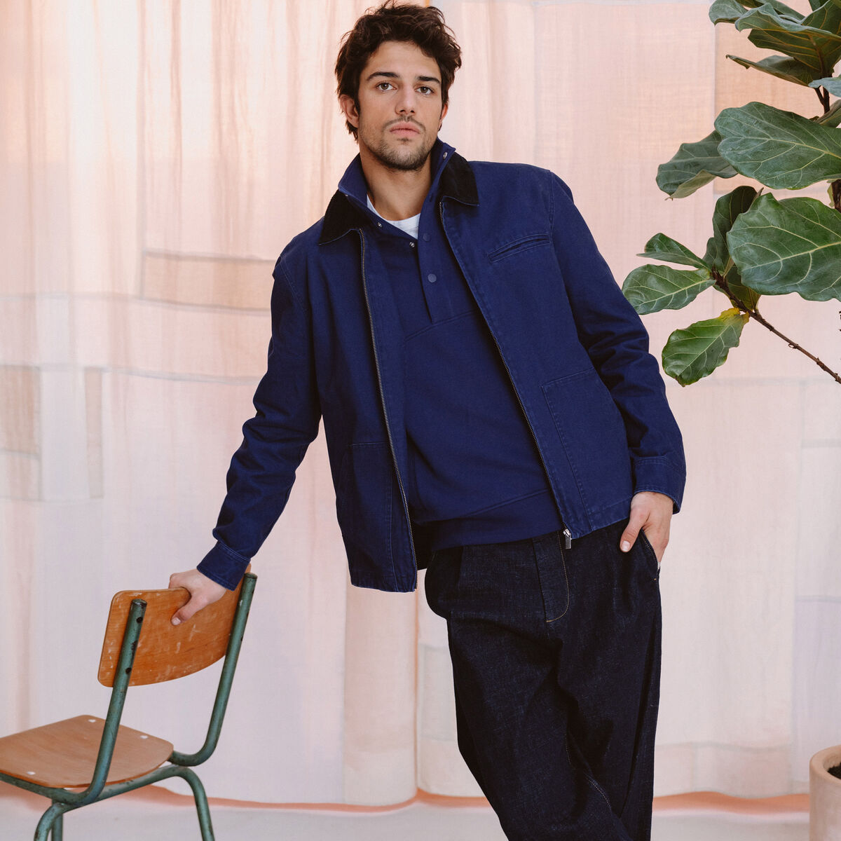 Blouson manches longues en coton bleu fonc&eacute; homme