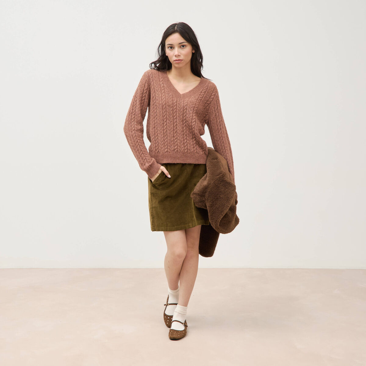 Pull droit col v manches longues marron clair femme