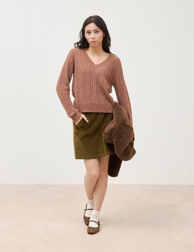 Pull droit col v manches longues marron clair femme