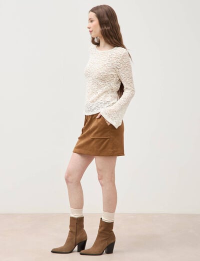 Blouse manches longues dentelle col rond ecru femme