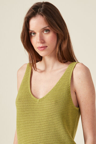 Débardeur pull crochet vert anis femme