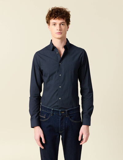Chemise cintr&eacute;e en coton manches longues bleu marine homme