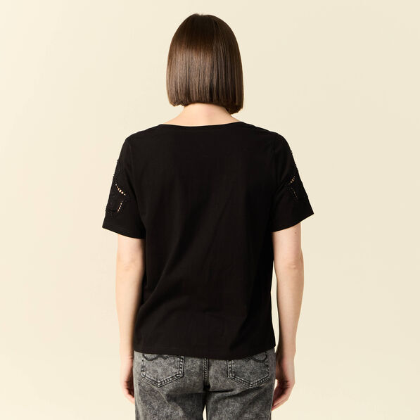 T-shirt manches courtes brodé noir femme