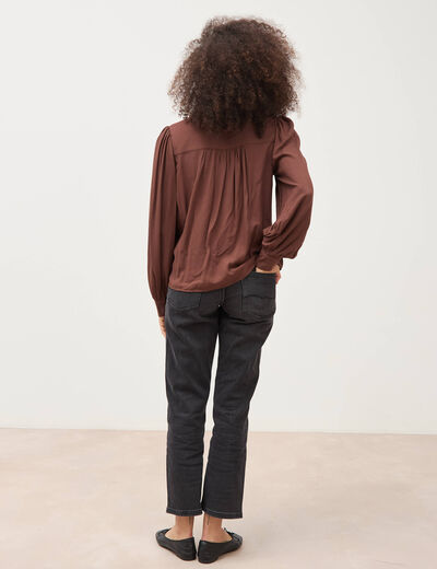 Blouse ajour&eacute;e col rond manches longues marron fonc&eacute; femme