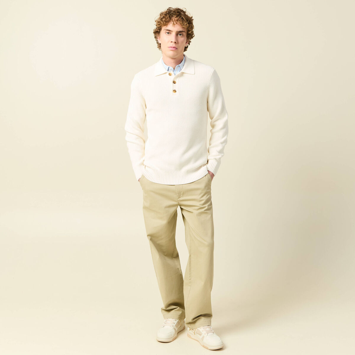 Polo manches longues ecru homme
