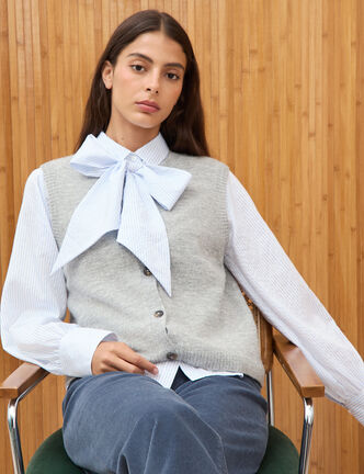 Pull droit court sans manches col rond gris femme
