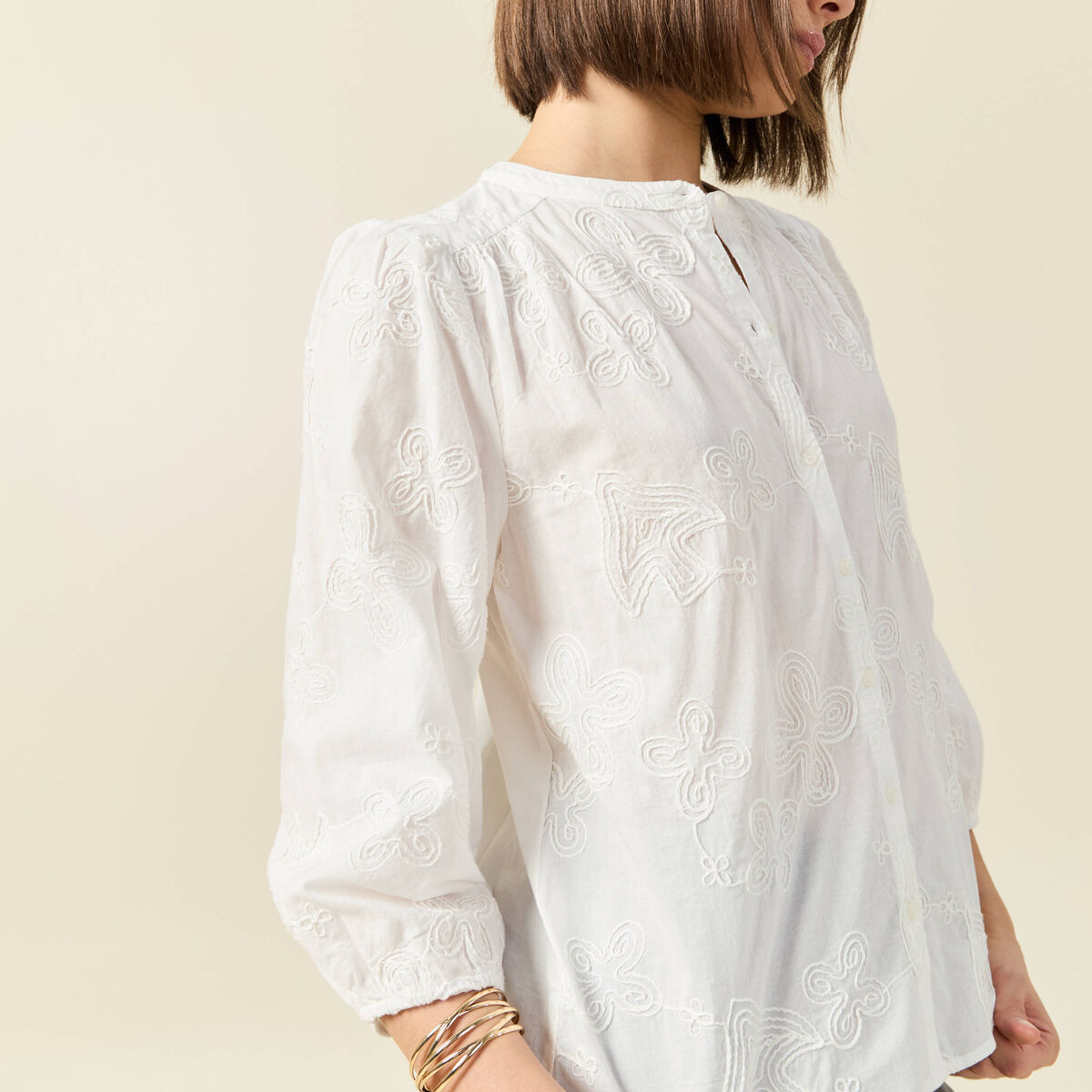 Chemise manches 3/4 brodée ecru femme