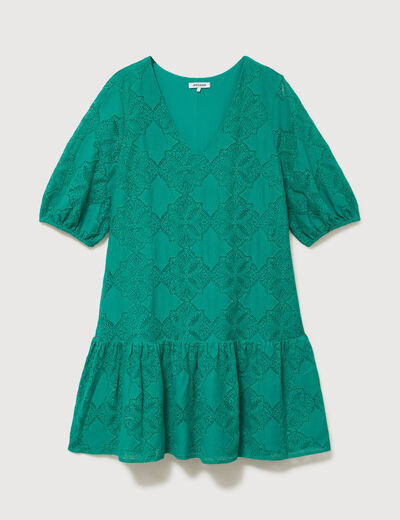 Robe dentelle col v manches coude vert femme