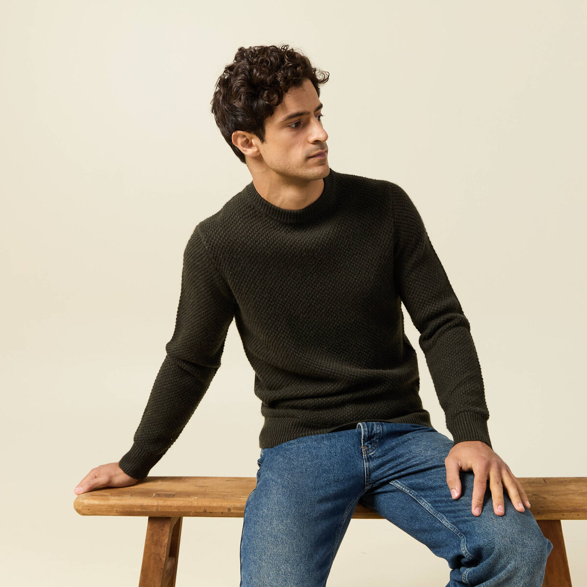 Pull col rond vert kaki homme