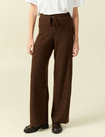 Pantalon large taille haute en maille marron fonc&eacute; femme