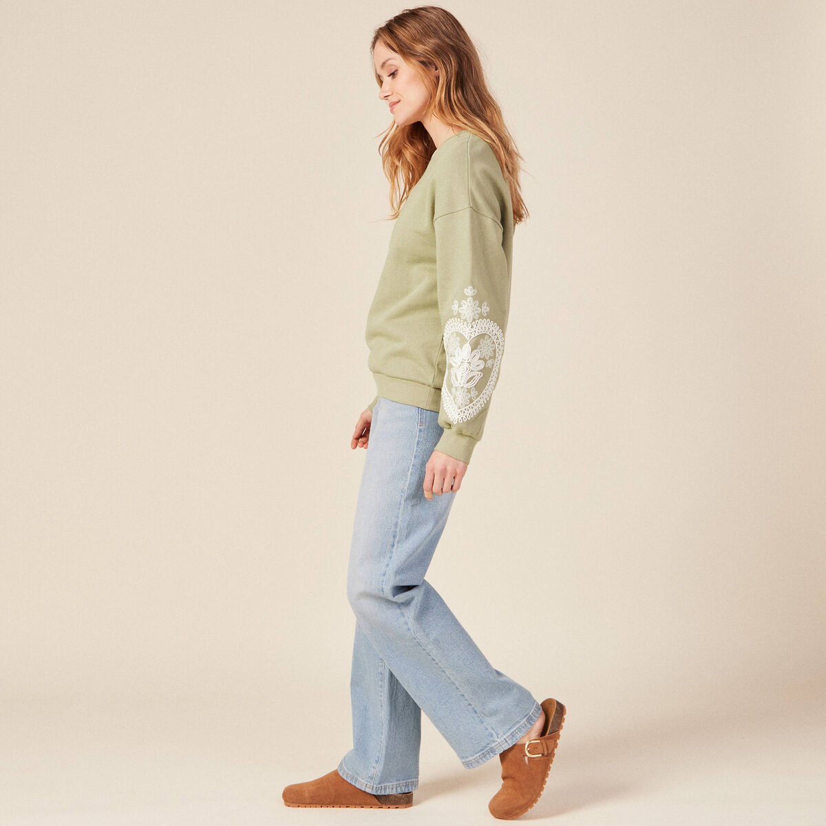 Sweat manches longues vert kaki femme