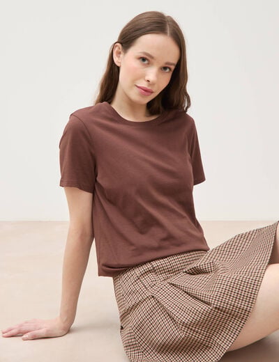 T-shirt cintr&eacute; col rond manches courtes marron fonc&eacute; femme