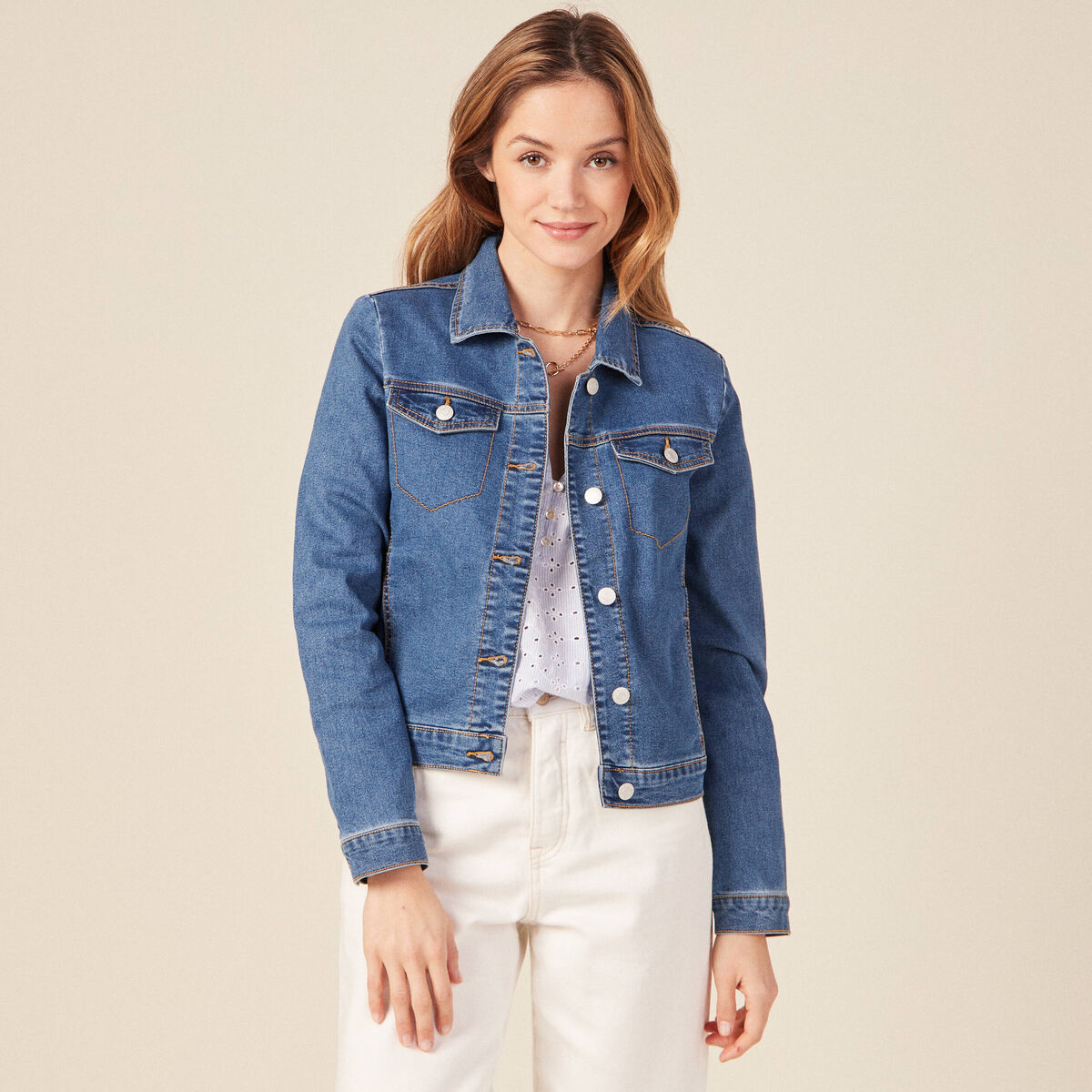 Veste ajust&eacute;e en jeans manches longues denim stone femme