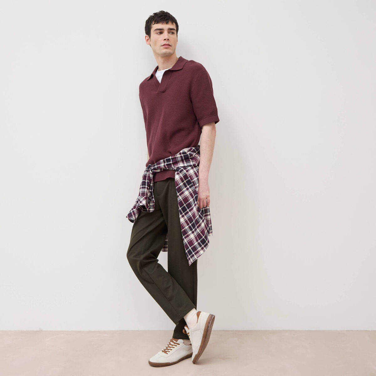 Polo ample col cubain manches courtes prune homme