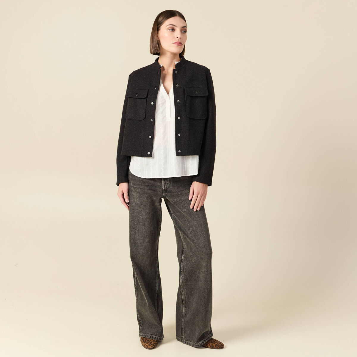 Jeans large taille haute denim snow gris femme