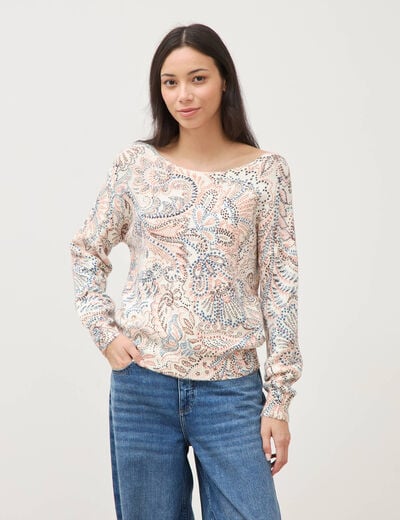 Pull col bateau manches longues ecru femme