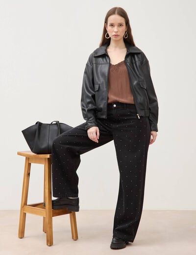 Jeans ample d&eacute;tails clout&eacute;s denim noir femme