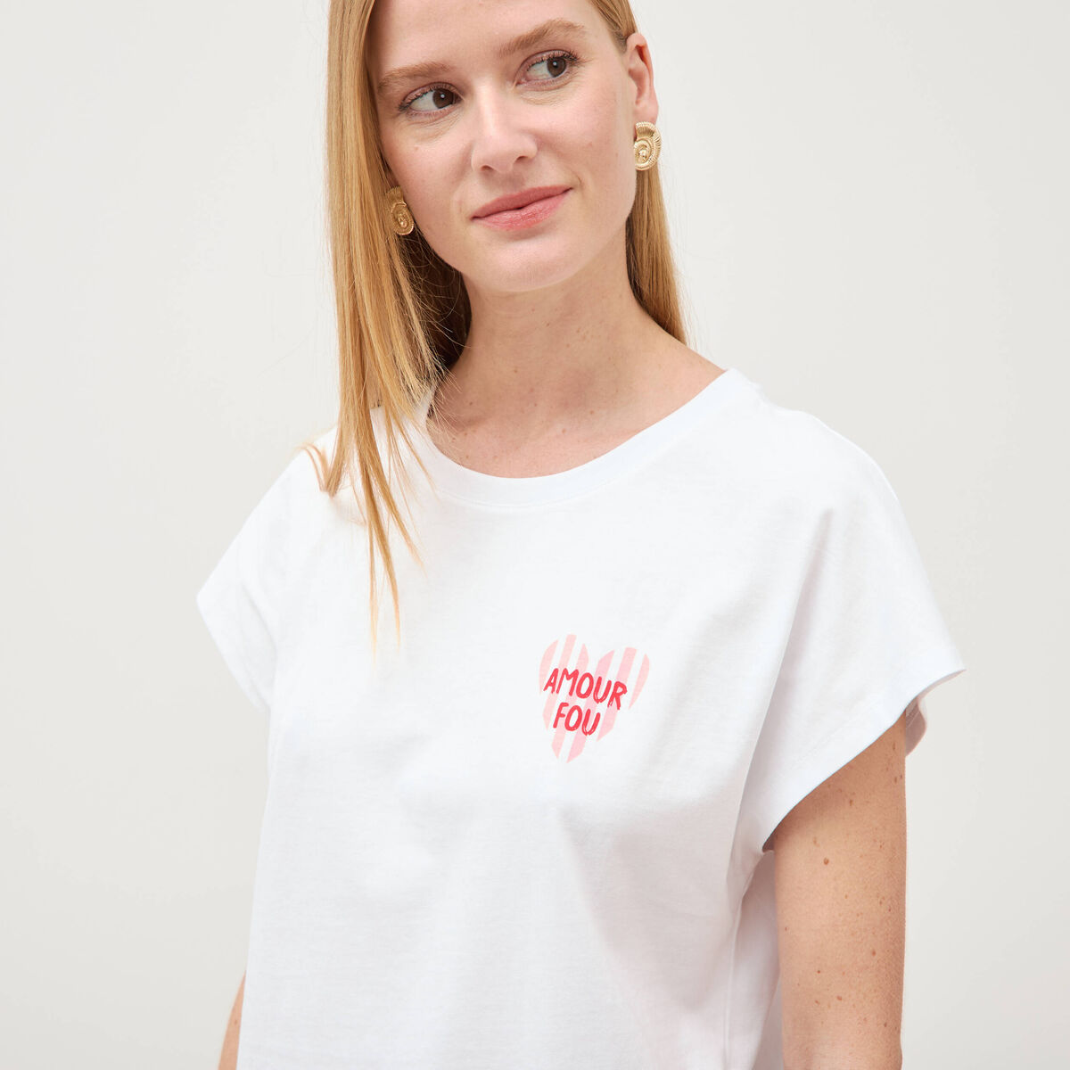 T-shirt droit col rond manches courtes blanc femme