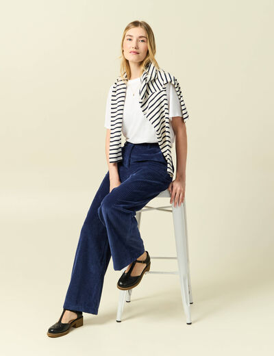 Pantalon large taille haute en velours bleu marine femme