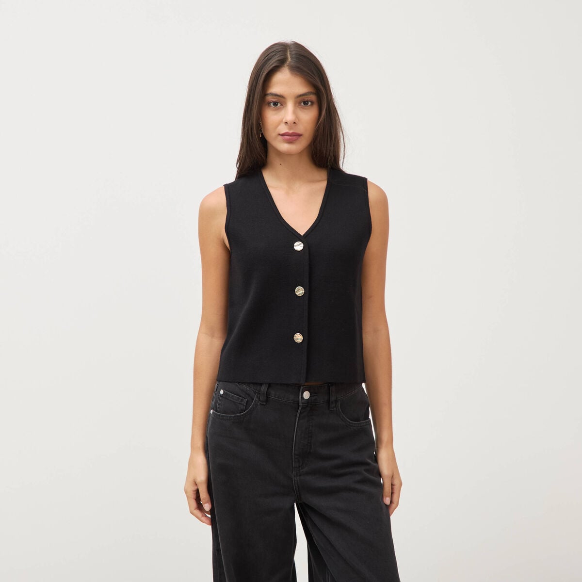 Gilet droit court sans manches col v noir femme