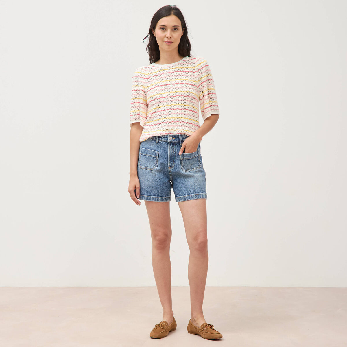Pull col bateau manches courtes rose femme