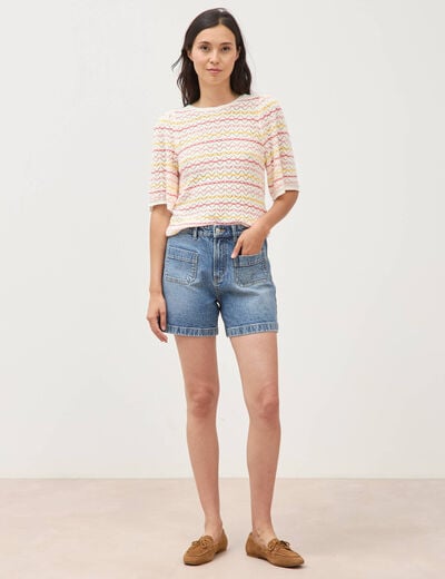 Pull col bateau manches courtes rose femme