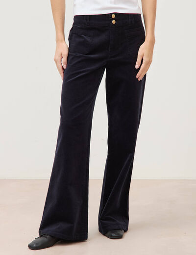 Pantalon flare taille haute en velours bleu fonc&eacute; femme