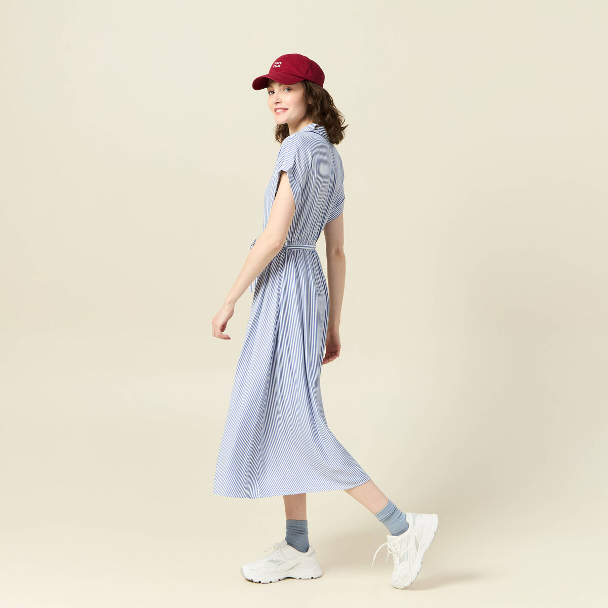 Robe longue évasée ceinturée ecru femme