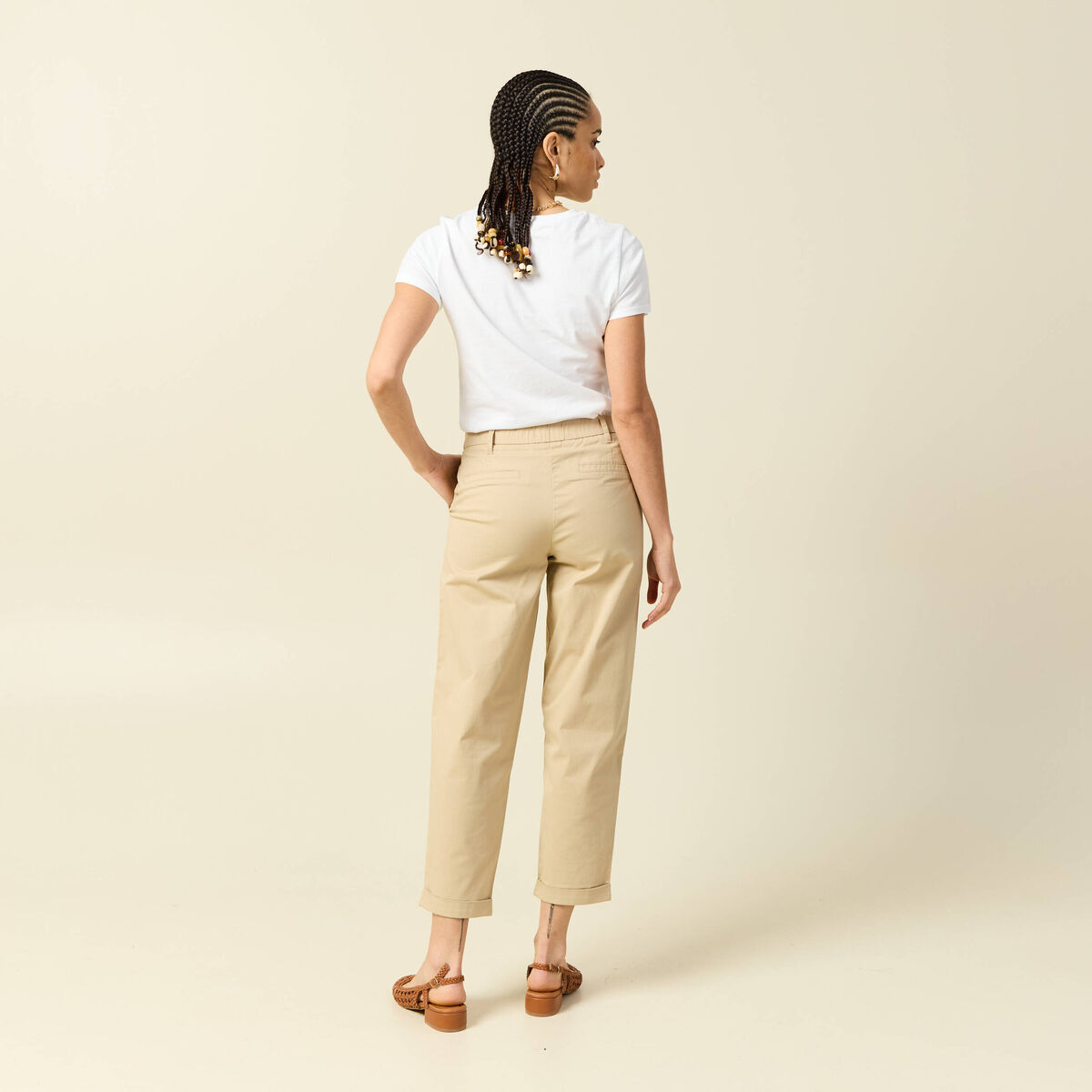 Pantalon taille haute fluide marron clair femme