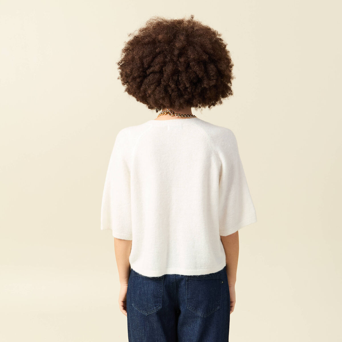 Pull col v manches 3/4 ecru femme