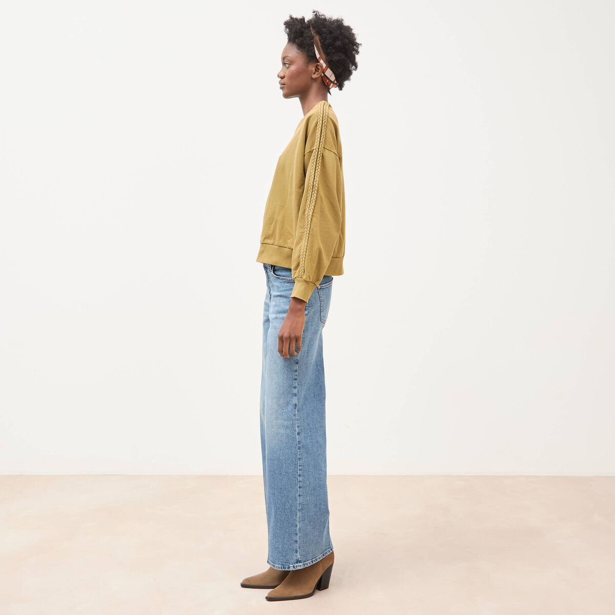 Sweat droit en coton manches longues camel femme
