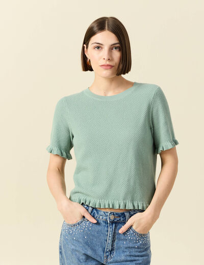 Pull droit court en coton vert pastel femme