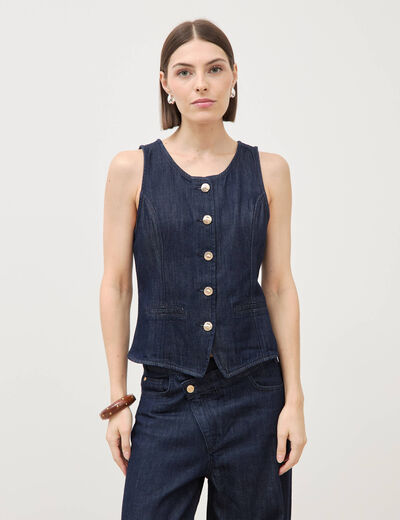 Gilet en jeans sans manches col rond denim brut femme