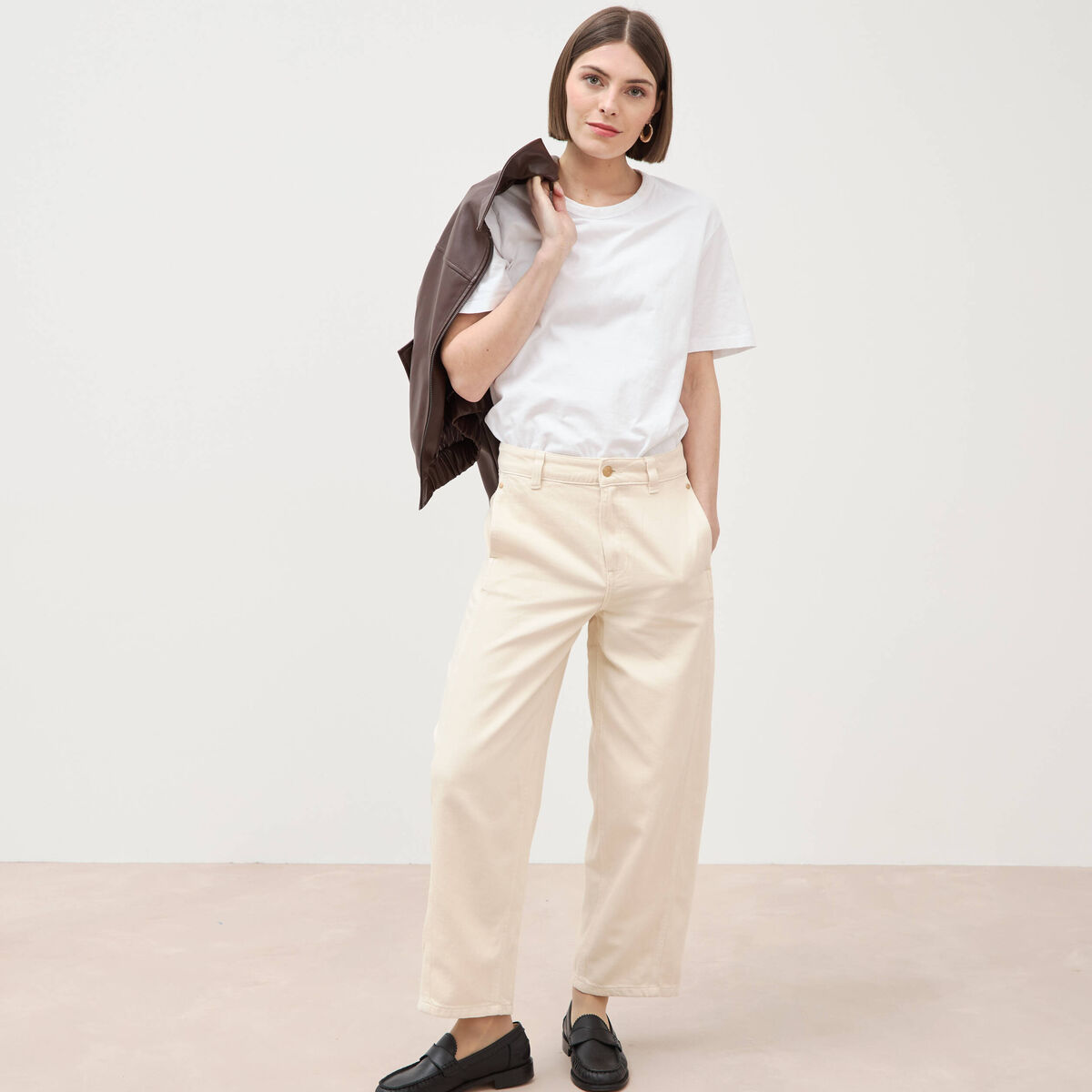 Jeans slouchy taille haute denim blanc femme