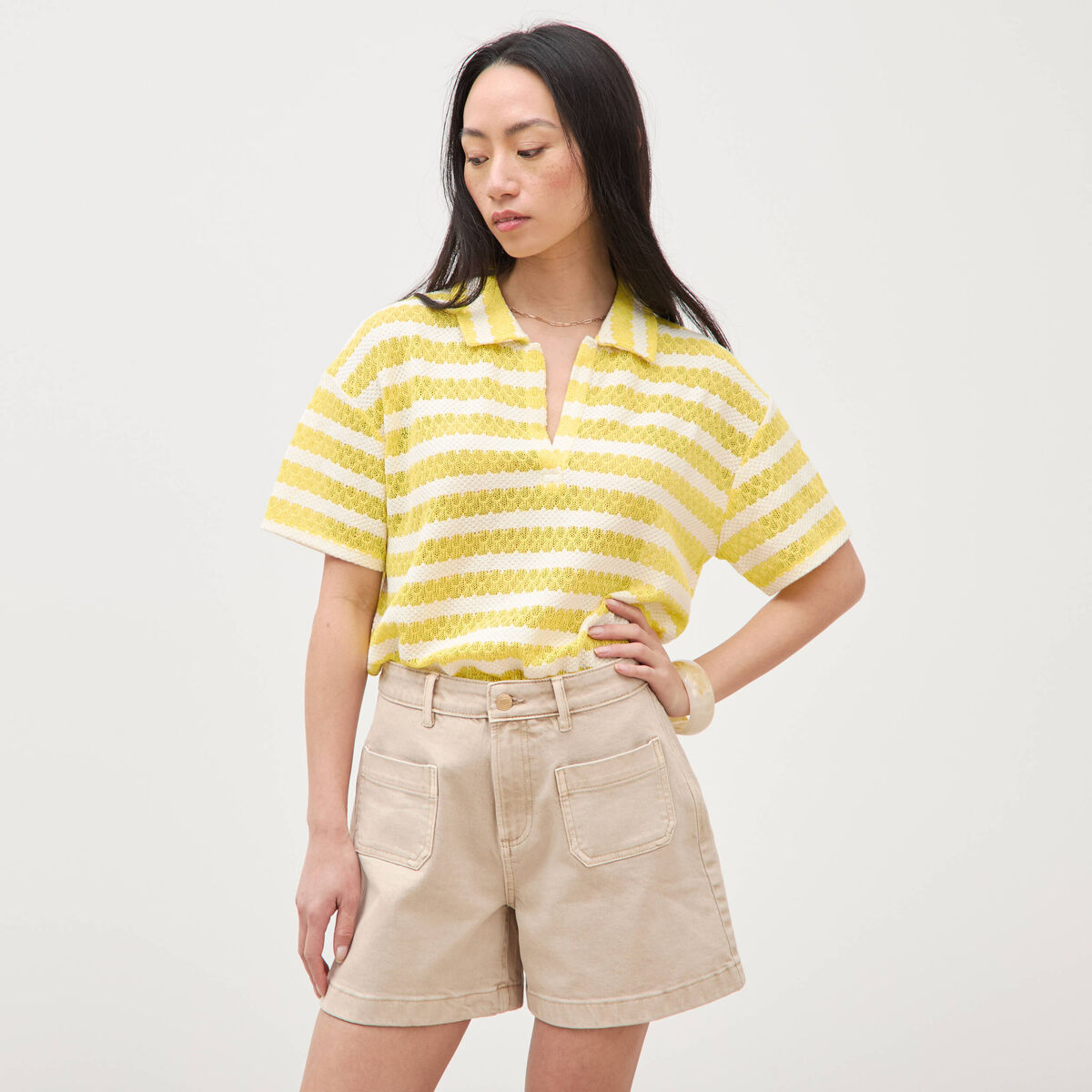 Short en jean taille haute beige femme