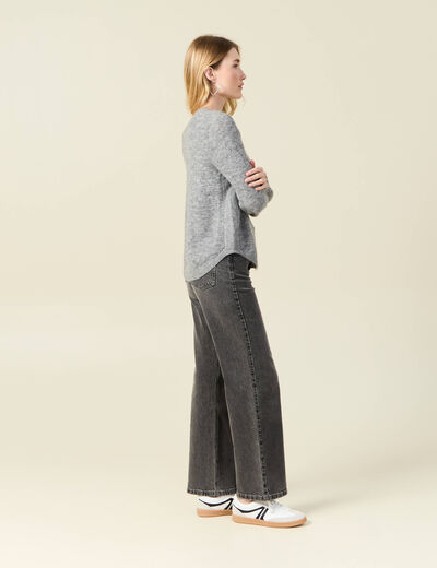 Pull manches longues col en V gris clair femme