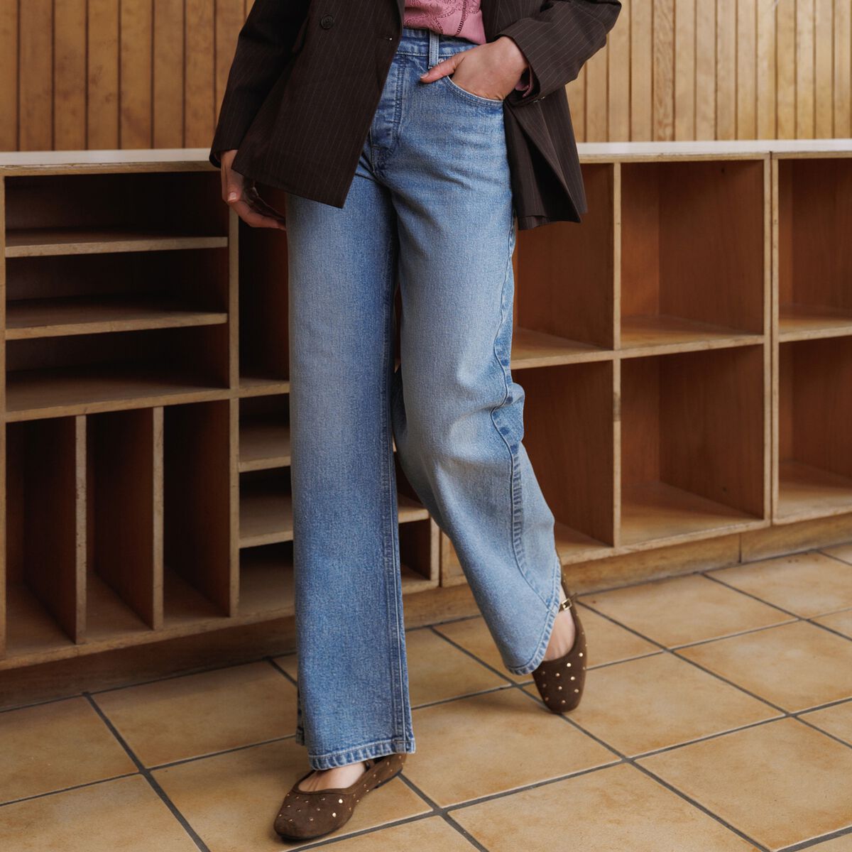 Jeans large taille haute bleu femme